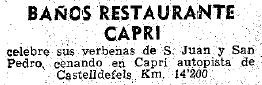 Petit anunci de les revetlles de Sant Joan i Sant Pere del restaurant-balneari Capri de Gav Mar publicat al diari La Vanguardia el 23 de juny de 1967